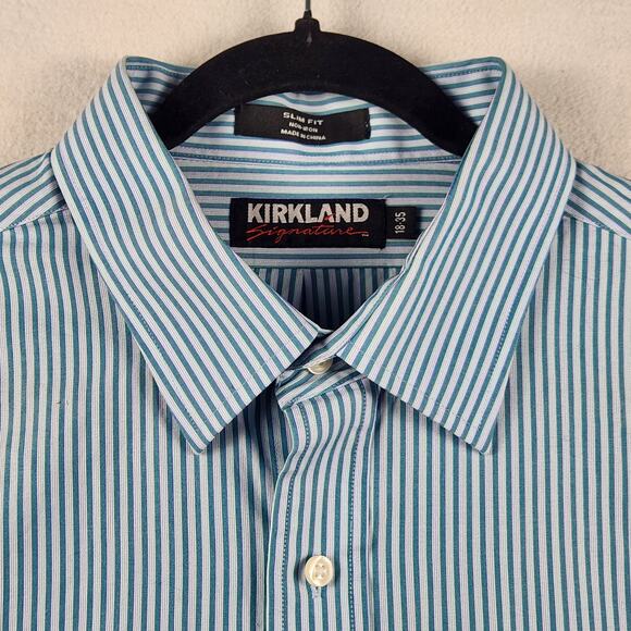 Kirkland Signature Men 18-35 Button Down Shirt Blue White Striped Long Sleeve - Picture 6 of 16